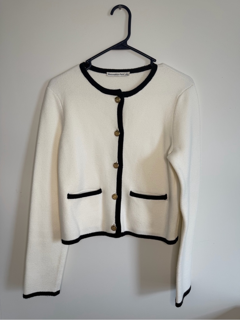 Abercrombie & Fitch Cream Cardigan with Black Trim and Gold Buttons